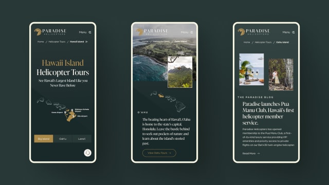 Mobile website layouts for Paradise Helicopter Tours featuring Hawaii Island tours, scenic views, and promotional blog content.